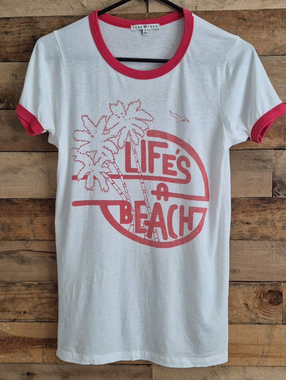 Junk Food Retro 70s White Red Ringer Tee Lifes A Beach Palm Tree Size S USA Made